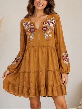April Sky Embroidered Boho Tiered Dress – Size Medium